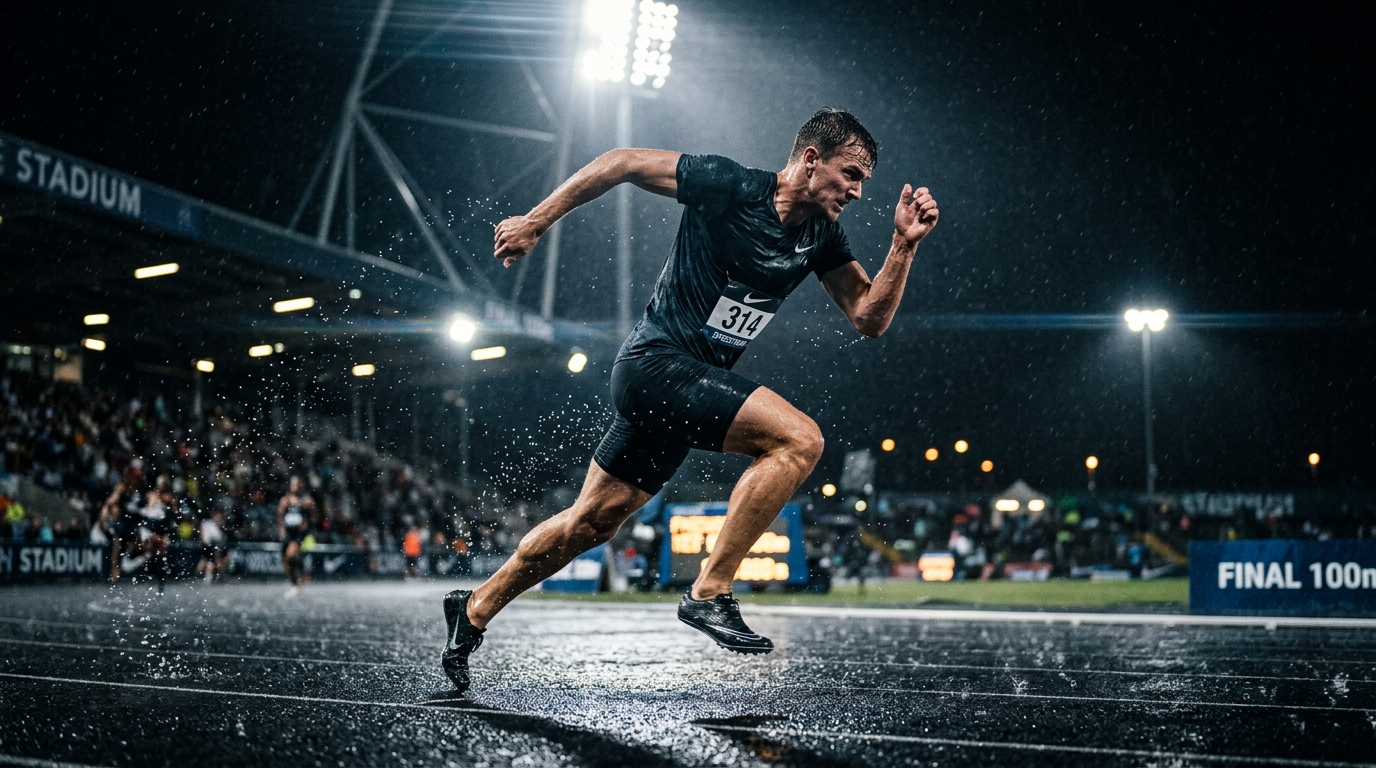 Sprint v dešti pod světly stadionu